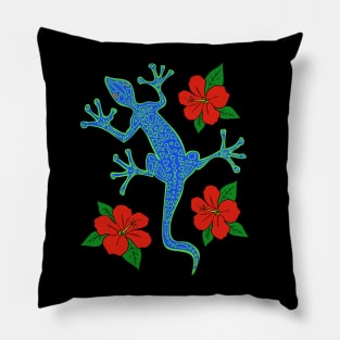 Tribal Lizard & Hibiscus Flowers Pillow