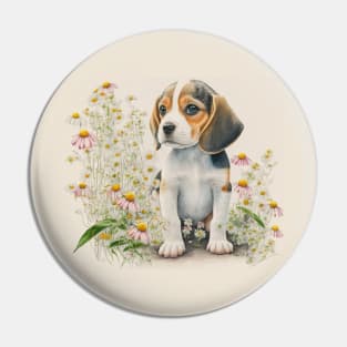 Beagle Baby Puppy Dog Brown Watercolor Floral Art #5 Pin