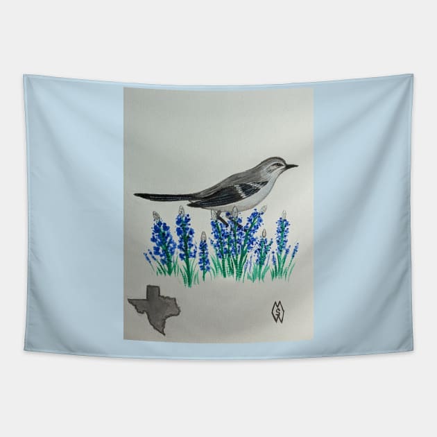 Texas state bird & flower, the mockingbird & bluebonnet Tapestry by Matt Starr Fine Art