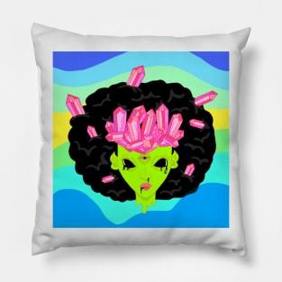 Crystallized green Alien girl with fro and 3rd eye Pillow