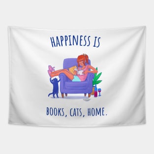 Happiness is Books, Cats, Home - Illustrated Tapestry