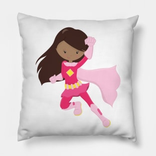 African American Girl, Superhero Girl, Pink Cape Pillow