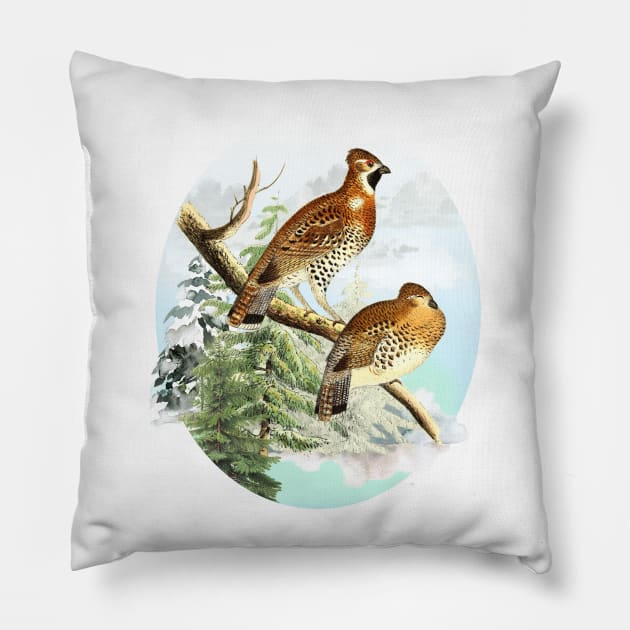 Partridges Wildlife Illustration Pillow by Biophilia