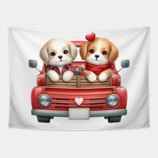 Valentine Dog Couple Sitting On Truck Tapestry