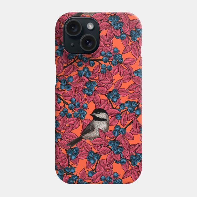 Chickadee birds on blueberry branches in red Phone Case by katerinamk
