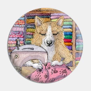 She was a dab paw with quilts, this corgi dog seamstress Pin