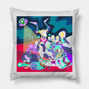 the night of the witches and aliens in ecopop horror pattern wallpaper Pillow