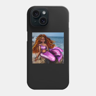 Mermaid with red braids relaxing on the rocks  with brown eyes, flowing Afro hair and caramel brown skin Phone Case