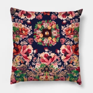 POPPIES,ROSES ,GREEN LEAVES,FLOWER CROWN,Art Nouveau Floral in Dark Blue Pillow