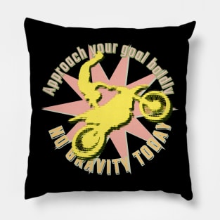 Approach your goal boldly. No gravity today. Yellow motorcyclist in jump position on a motocross bike against a light pink star background Pillow