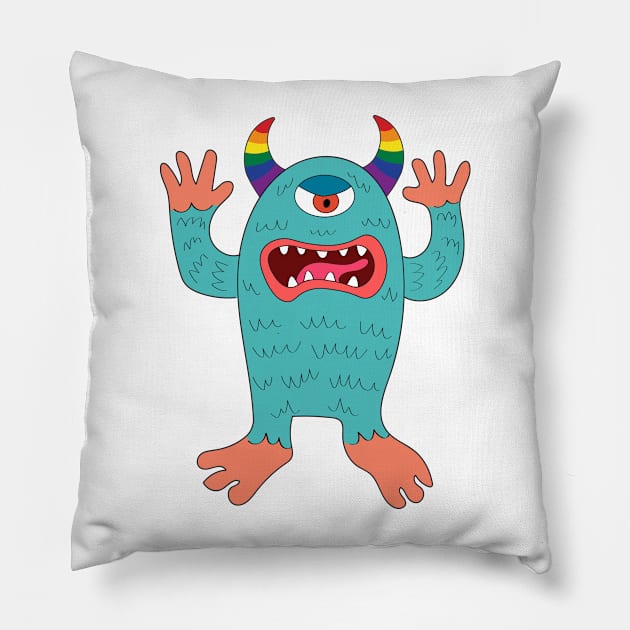 One-eyed Halloween alien monster cartoon drawing. Gay pride concept. Pillow by Nalidsa