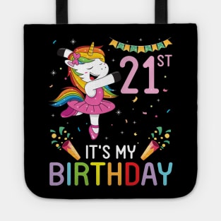 Happy Unicorn Dancing Congratulating 21st Time It's My Birthday 21 Years Old Born In 2000 Tote