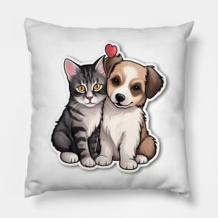 Adorable Puppy and Kitten Friendship Illustration Pillow