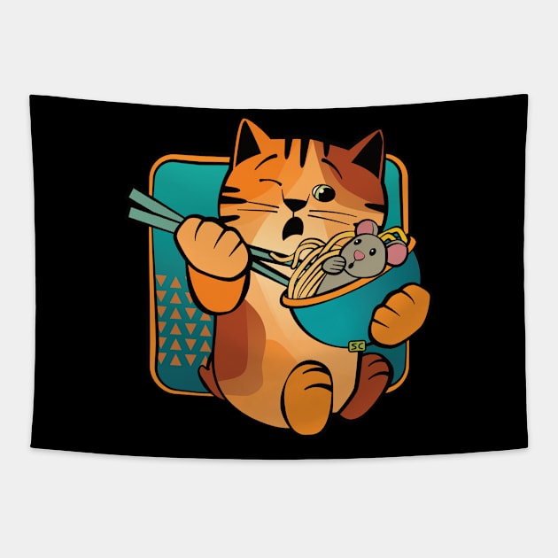 Cat Eating Noodles with Mouse Tapestry by Sue Cervenka