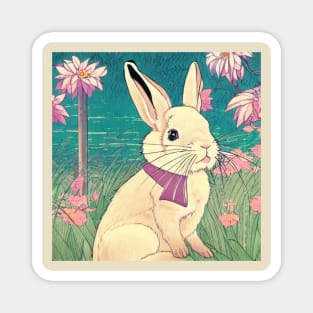 Flowers of Lotus with Cute Bunny Rabbit Vintage Cottagecore Animal Pet Magnet