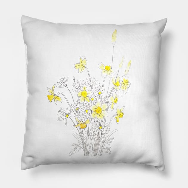 white daisy and yellow daffodils ink and watercolor Pillow by colorandcolor