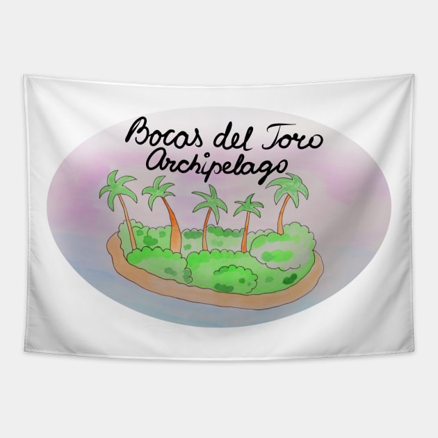 Bocas del Toro Archipelago watercolor Island travel, beach, sea and palm trees. Holidays and rest, summer and relaxation Tapestry by grafinya