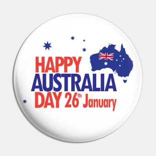 Happy Australia Day 26th January inscription poster with Calligraphy lettering, Australian Flag, Australia Map, stars and fireworks. Patriotic Holiday Pin