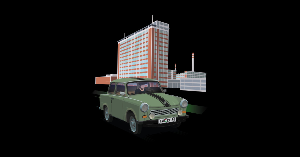 Trabant 601 in front of Batas Skysraper - Trabant - Sticker | TeePublic