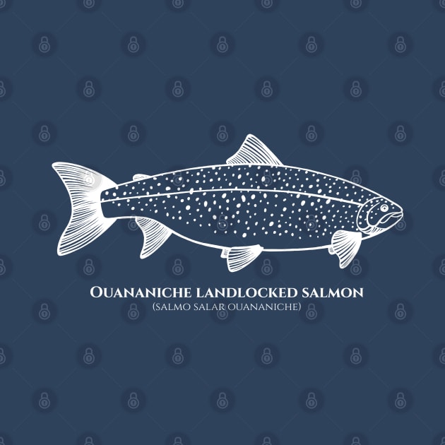 Landlocked Salmon with Common and Latin Names - on dark blue by Green Paladin