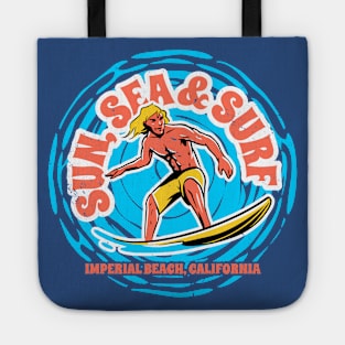 Vintage Sun, Sea & Surf Imperial Beach, California // Retro Surfing // Surfer Catching Waves Tote