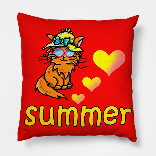Cartoon cat in a summer hat and sunglasses Pillow by cuisinecat
