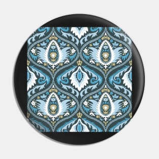 Classic ogee pattern with tendrils light blue and white on dark blue Pin