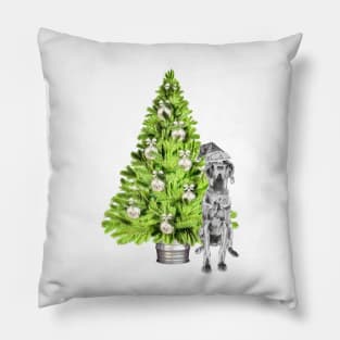 Great Dane Christmas Scene with Christmas tree and Santa hat. Pillow