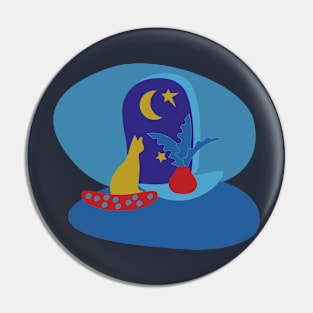 Cat Room Window Crescent Moon Night Pin