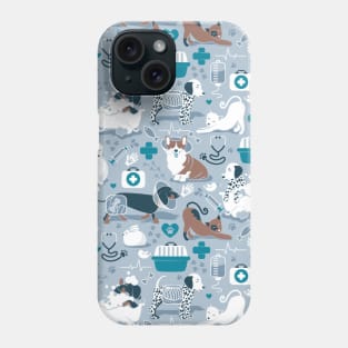 Veterinary medicine, happy and healthy friends // pattern // pastel blue background turquoise details navy blue white and brown cats dogs and other animals Phone Case