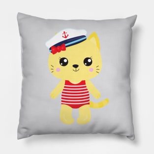 Sailor Cat, Sailor Hat, Boat Captain, Yellow Cat Pillow