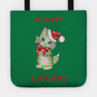 Meowy Catmas stripped tabby cat with santa hat Tote