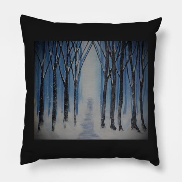 Winter Snow Path Snowy Trees Blue & White Art Painting done in graphic design art, Winter Landscape, Wall Art and Many Products Pillow by tamdevo1