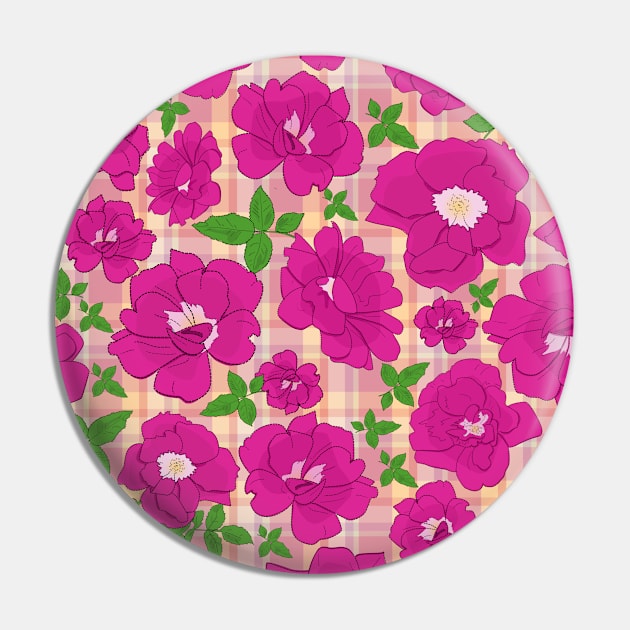 Retro Ramblin' Rose Pink and Green on Pink and Orange Plaid Pin by ArtticArlo