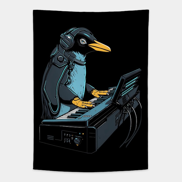 Cybernetic Penguin Pianist Tapestry by AriWiguna