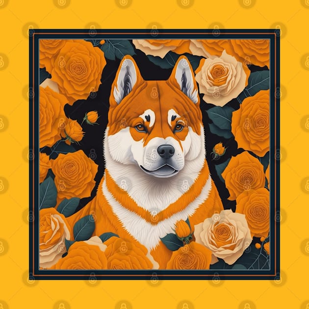 Dogs, akita inu and flowers, dog, seamless print, style vector (yelloow version 2 akita-inu, hachi) by xlhombat