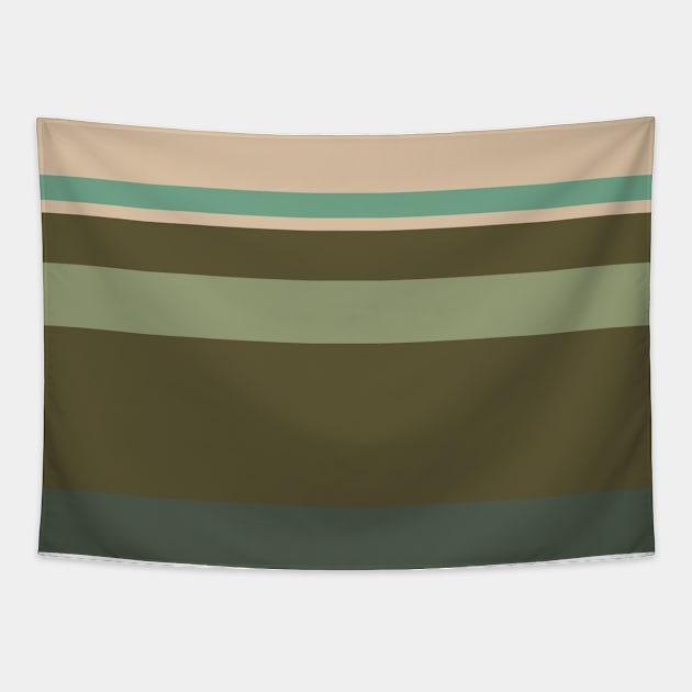 A tremendous transfusion of Camo Green, Dark Vanilla, Artichoke, Oxley and Ebony stripes. Tapestry by Sociable Stripes