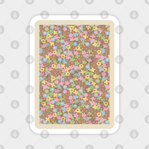 retro brown florals, groovy 60s pattern, 70s flowers, blue flower pattern, girly, for teen girl, retro, ditsy, ditsy daisy Magnet by blomastudios