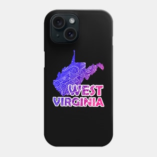 Colorful mandala art map of West Virginia with text in blue and violet Phone Case