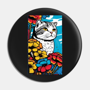 Scottish Fold Cat Vibrant Tropical Flower Tall Retro Vintage Digital Pop Art Portrait 3 Pin