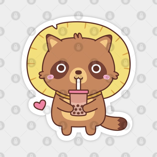 Cute Tanuki With Straw Hat Loves Bubble Tea Magnet by rustydoodle