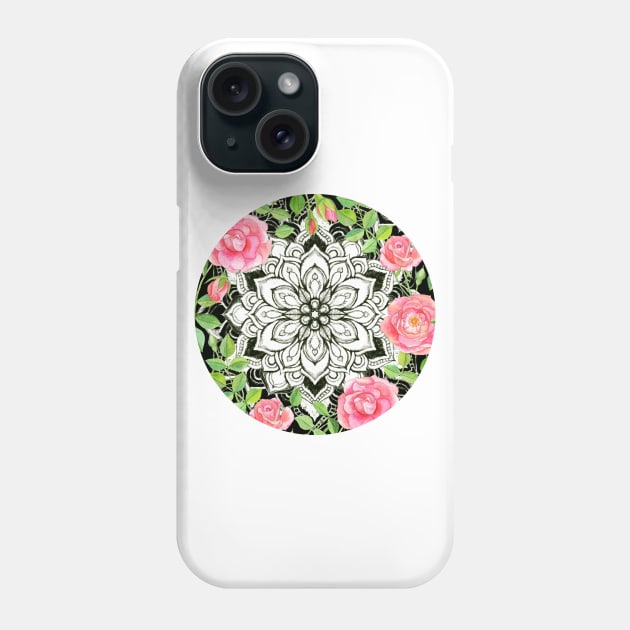 Peach Pink Roses and Mandalas on Black and White Lace Phone Case by micklyn