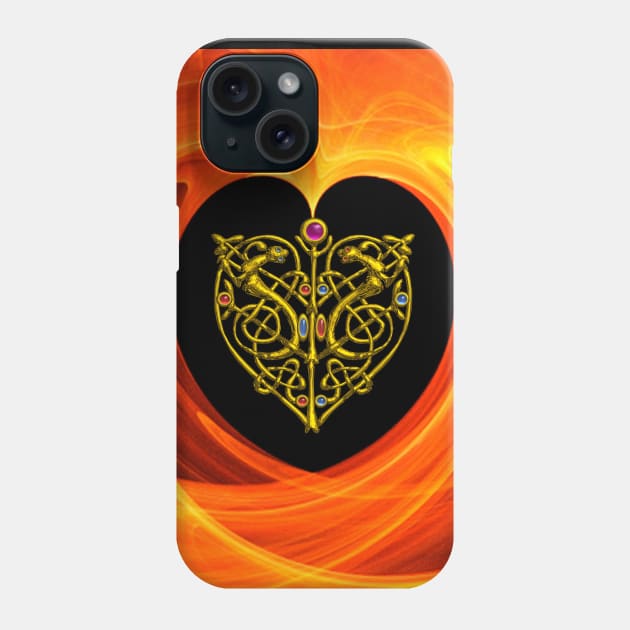 GOLD CELTIC KNOT HEART, LIZARDS IN BLACK ORANGE YELLOW FRACTAL WAVES Phone Case by BulganLumini