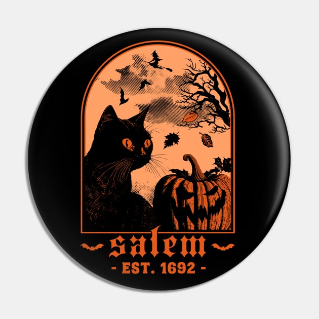 Salem 1692 - Black Cat Pumpkin - Retro Vintage Halloween Pin by OrangeMonkeyArt