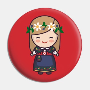 Cute Swedish Village Girl in Traditional Clothing Cartoon Pin