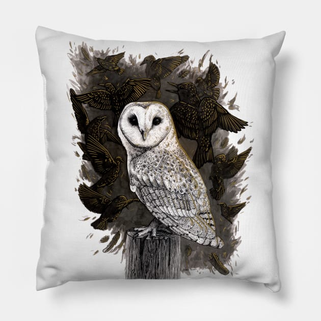 Barn Owl with Golden Starlings Pillow by Warbler Creative