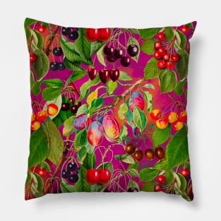 Exotic tropical floral leaves and fruits, botanical pattern, tropical fruits pattern, Pink and fuchsia fruit pattern over a Pillow