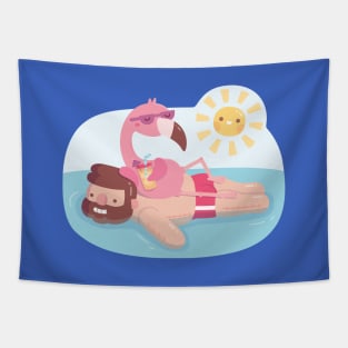 Funny Flamingo Chilling On Human Pool Float Tapestry