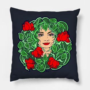 Green Woman with Red Roses Pillow