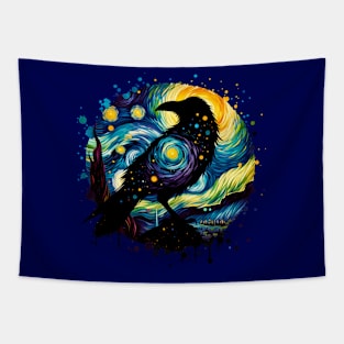 Crow in Starry Night Style Van Gogh Painting Raven Lover, black crows, raven, corvid, books, magic Tapestry